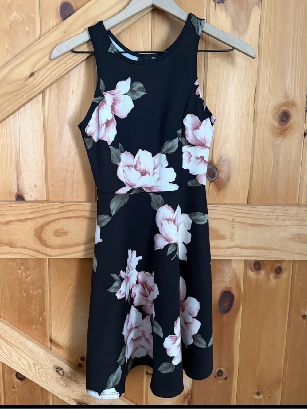 Aqua Black Midi Dress with Blush Floral Print